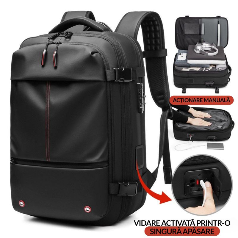 Sport si Outdoor - Articole de voiaj - Rucsacuri - Rucsac PLEMORY® Vidabil cu Pompa Incorporata, Ghiozdan Multifunctional, cu Vacuum, Smart, Negru - Infinity.ro