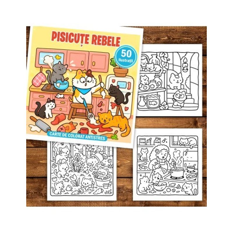 Carti si Birotica - Carti - Carti pentru copii - Carti de colorat - Carte de colorat, 50 de ilustratii Pisicute Rebele, 106 pagini, A5 - Infinity.ro