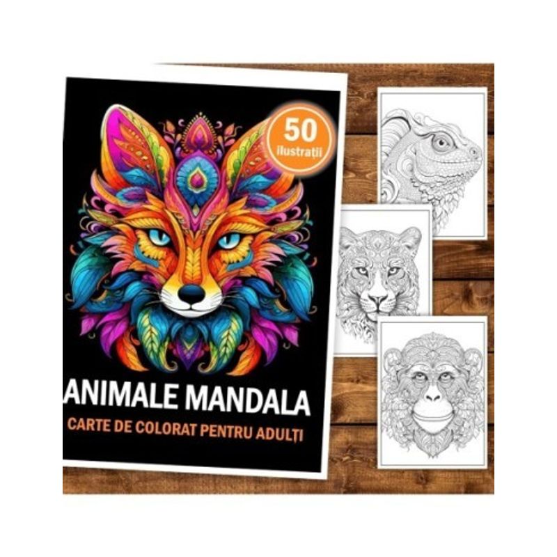 Carti si Birotica - Carti - Carti pentru copii - Carti de colorat - Carte de colorat, 50 de ilustratii, Animale Mandala, 106 pagini, A5 - Infinity.ro
