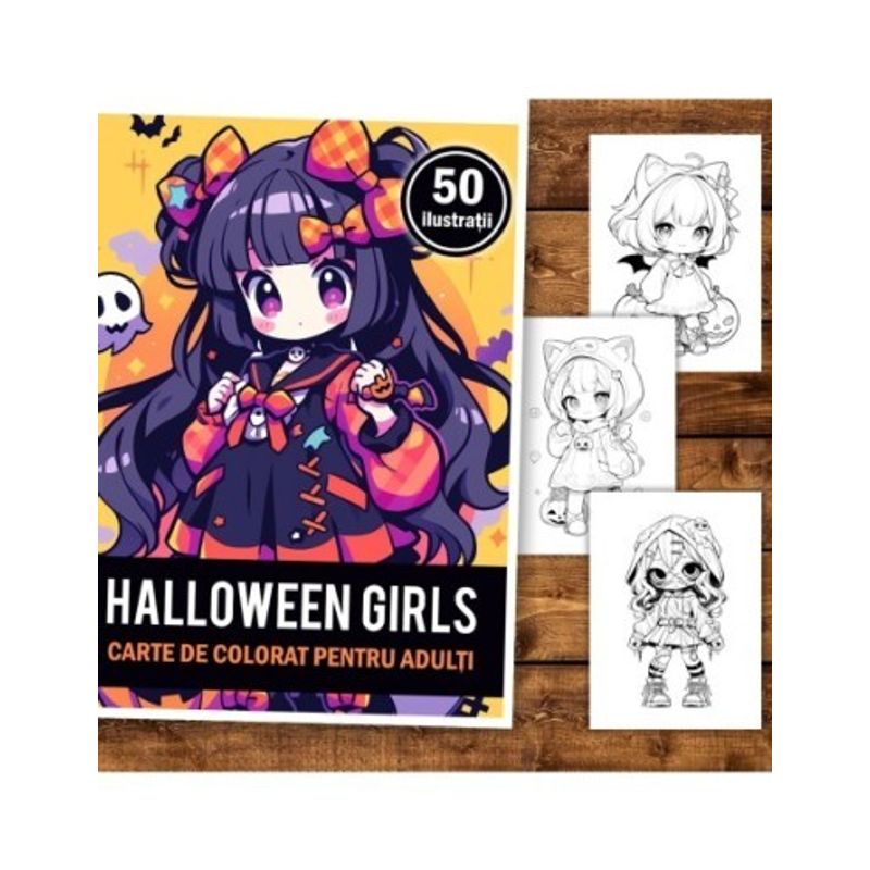 Carti si Birotica - Carti - Carti pentru copii - Carti de colorat - Carte de colorat, 50 de ilustratii, Chibi Halloween Girls, 106 pagini, A5 - Infinity.ro
