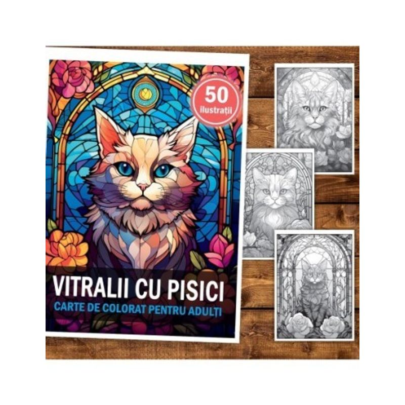Carti si Birotica - Carti - Carti pentru copii - Carti de colorat - Carte de colorat, 50 de ilustratii, Vitralii cu Pisici, 106 pagini, A5 - Infinity.ro