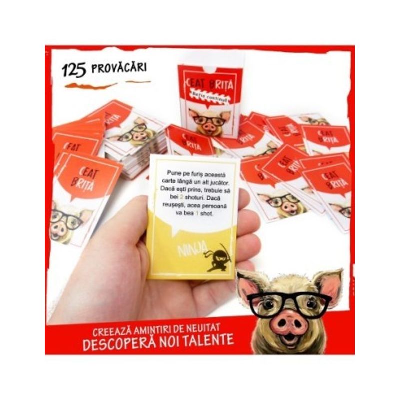 Jucarii, Copii si Bebe - Jucarii si jocuri - Jocuri si puzzle - Jocuri de societate - Ceat Brita - Betia continua, joc de carti pentru petreceri. Limba romana - 125 de carti de joc cu provocari haioase - Infinity.ro