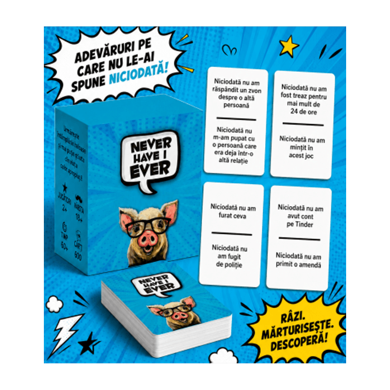 Jucarii, Copii si Bebe - Jucarii si jocuri - Jocuri si puzzle - Jocuri de societate - Joc de carti pentru petreceri - Never Have I Ever, 600 intrebari, limba romana, pentru 2-20 jucatori - Infinity.ro