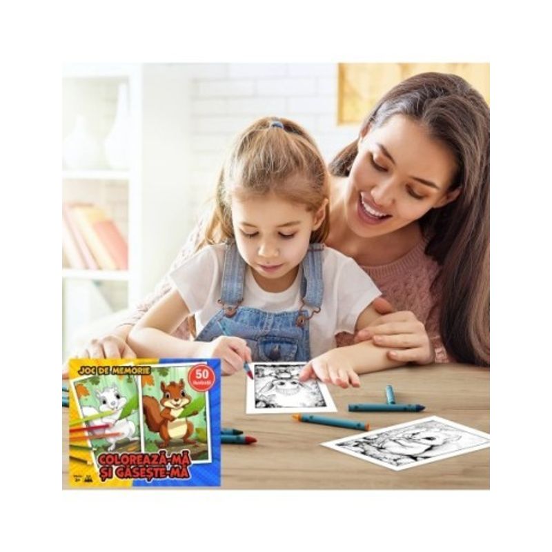 Jucarii, Copii si Bebe - Jucarii si jocuri - Jocuri si puzzle - Jocuri de societate - Joc pentru copii 2 in 1 de memorie si desen, Coloreaza-ma si gaseste-ma - Editia Animalute dragute - Infinity.ro