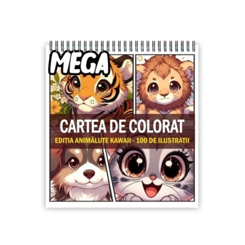 Carti si Birotica - Carti - Carti pentru copii - Carti de colorat - Mega cartea de colorat antistres , 100 de ilustratii Animalute Kawaii, 206 pagini, A5 - Infinity.ro