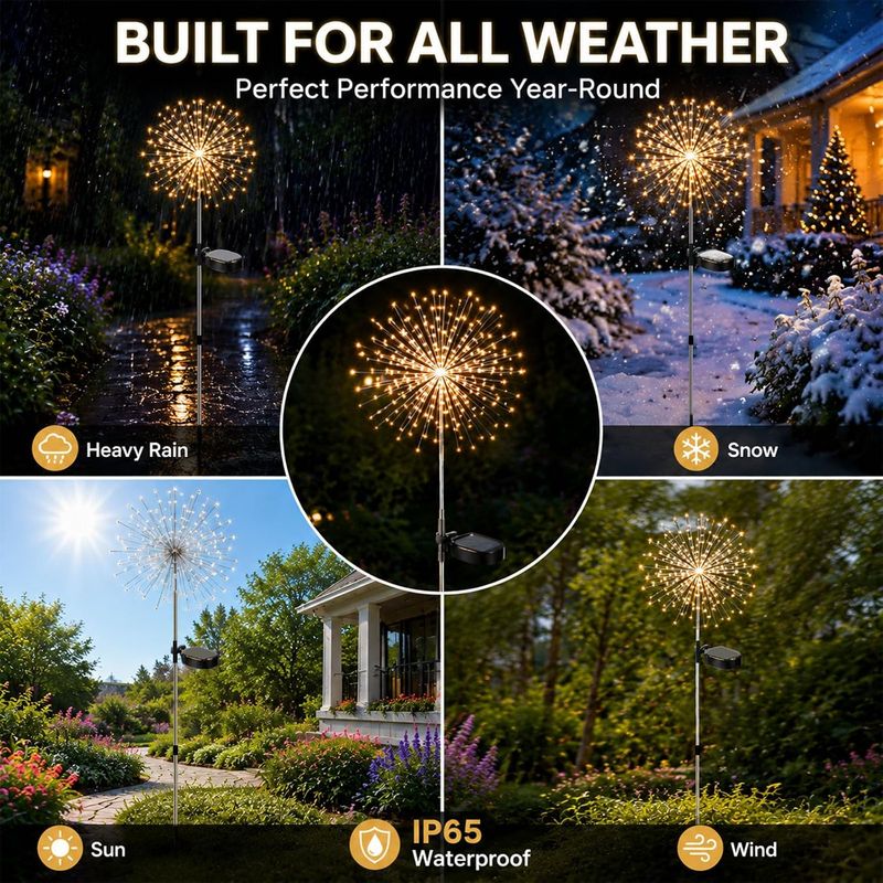 Casa si Gradina - Corpuri si surse de iluminat - Iluminat exterior - Lampi solare - Set 2 Lampi Solare pentru Gradina Tip Artificii, 90 LED, Lumina Calda, Impermeabile IP65, 8 Moduri de Iluminare - Infinity.ro