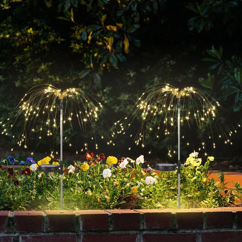 Casa si Gradina - Corpuri si surse de iluminat - Iluminat exterior - Lampi solare - Set 2 Lampi Solare pentru Gradina Tip Artificii, 90 LED, Lumina Calda, Impermeabile IP65, 8 Moduri de Iluminare - Infinity.ro