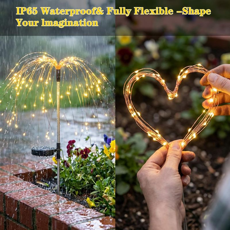 Casa si Gradina - Corpuri si surse de iluminat - Iluminat exterior - Lampi solare - Set 2 Lampi Solare pentru Gradina Tip Artificii, 90 LED, Lumina Calda, Impermeabile IP65, 8 Moduri de Iluminare - Infinity.ro