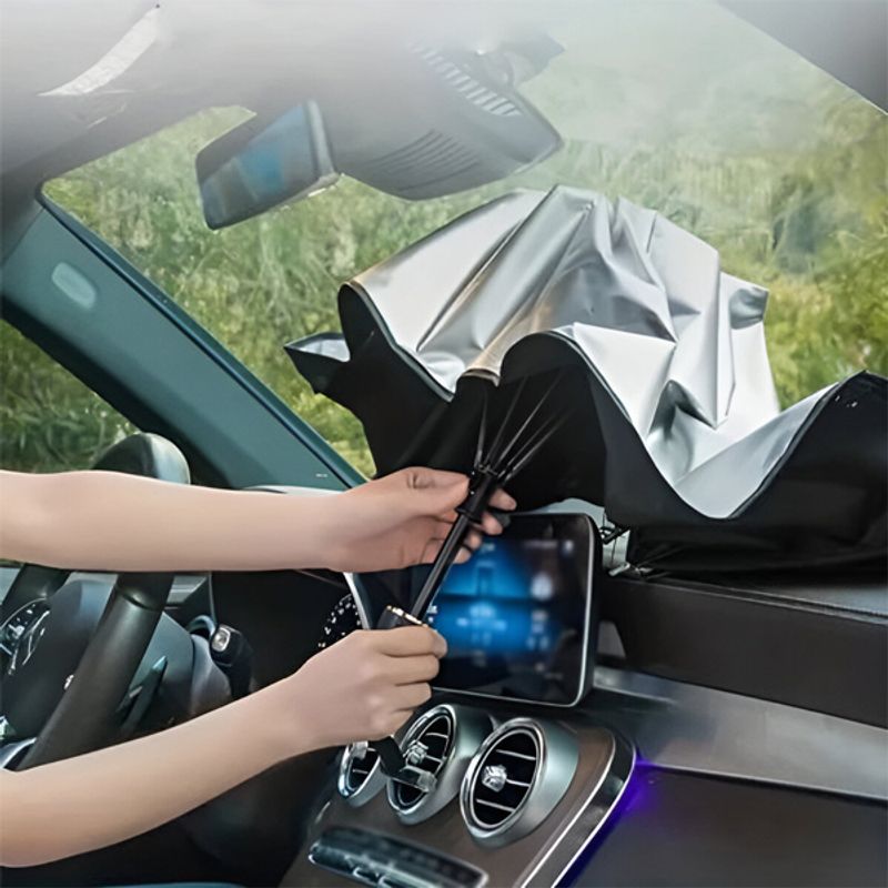 Auto si Moto - Piese auto si accesorii - Interior auto - Accesorii interior - Parasolar Auto Tip Umbrela, Protectie UV si Termica, Pliabil, Dimensiuni 113 x 65 cm, Argintiu/Negru - Infinity.ro