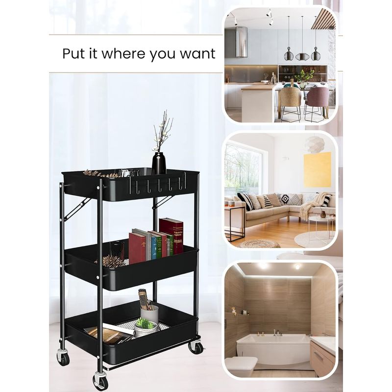 Casa si Gradina - Mobilier - Biblioteci si rafturi - Etajere - Carucior depozitare multifunctional EMC ONSHOP®, Pliabil, cu 3 rafturi si 4 roti cu frana, Inox, 45x23x72 cm, Negru - Infinity.ro