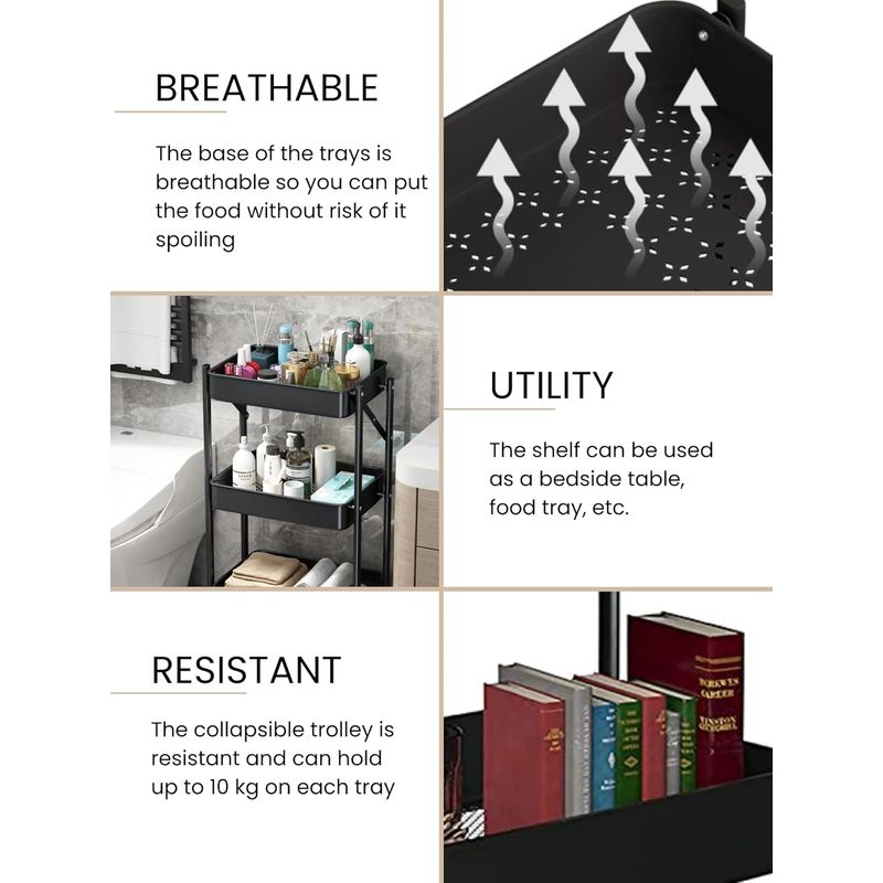 Casa si Gradina - Mobilier - Biblioteci si rafturi - Etajere - Carucior depozitare multifunctional EMC ONSHOP®, Pliabil, cu 3 rafturi si 4 roti cu frana, Inox, 45x23x72 cm, Negru - Infinity.ro