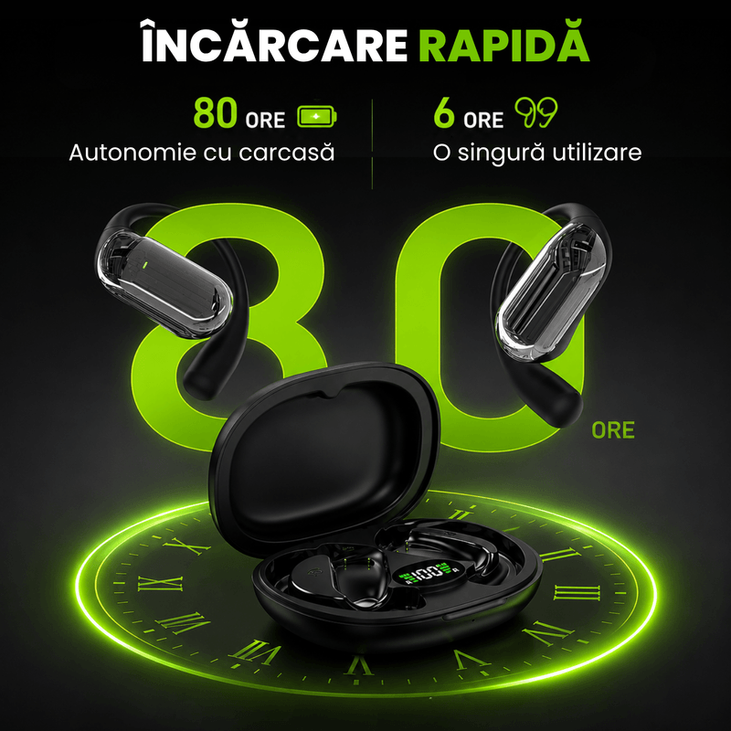 TV, Audio-Video si Foto - Portabile audio - Casti audio - Casti Wireless Open-Ear A ATAB cu Traducere AI in 144 Limbi, Bluetooth 5.3, Difuzoare 13 mm, IPX5, USB-C, Negru - Infinity.ro