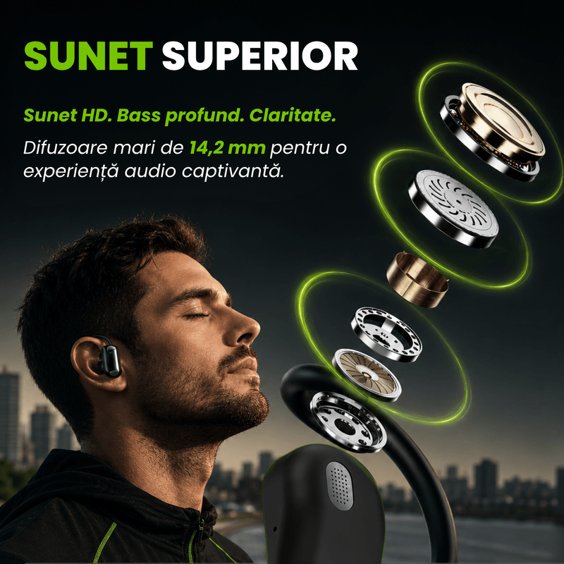 TV, Audio-Video si Foto - Portabile audio - Casti audio - Casti Wireless Open-Ear A ATAB cu Traducere AI in 144 Limbi, Bluetooth 5.3, Difuzoare 13 mm, IPX5, USB-C, Negru - Infinity.ro