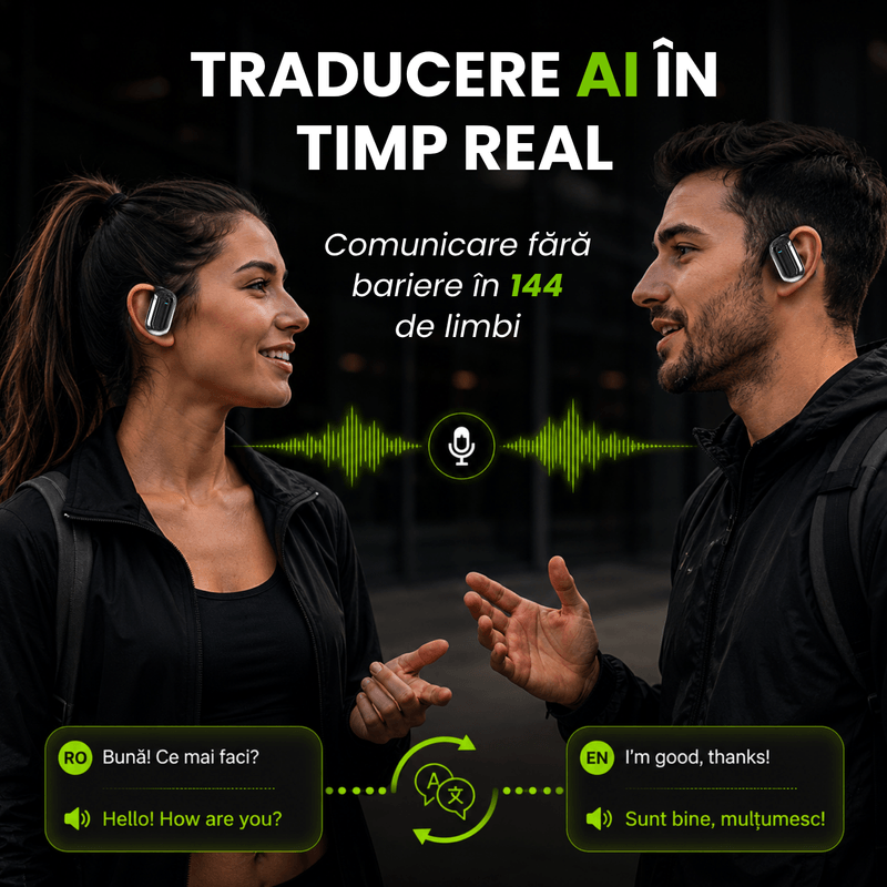 TV, Audio-Video si Foto - Portabile audio - Casti audio - Casti Wireless Open-Ear A ATAB cu Traducere AI in 144 Limbi, Bluetooth 5.3, Difuzoare 13 mm, IPX5, USB-C, Negru - Infinity.ro