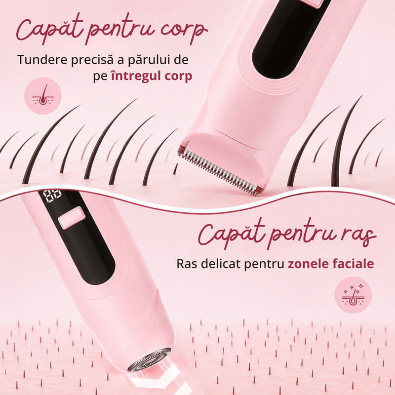Ingrijire personala si Cosmetice - Aparate & accesorii ingrijire personala - Aparate de ras si tuns - Aparate de ras electrice - Aparat de ras si tuns 2 in 1 pentru femei ATAB, IPX7, cap de ras, trimmer, USB Type-C, lame otel inoxidabil, Roz - Infinity.ro