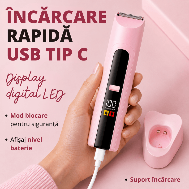 Ingrijire personala si Cosmetice - Aparate & accesorii ingrijire personala - Aparate de ras si tuns - Aparate de ras electrice - Aparat de ras si tuns 2 in 1 pentru femei ATAB, IPX7, cap de ras, trimmer, USB Type-C, lame otel inoxidabil, Roz - Infinity.ro