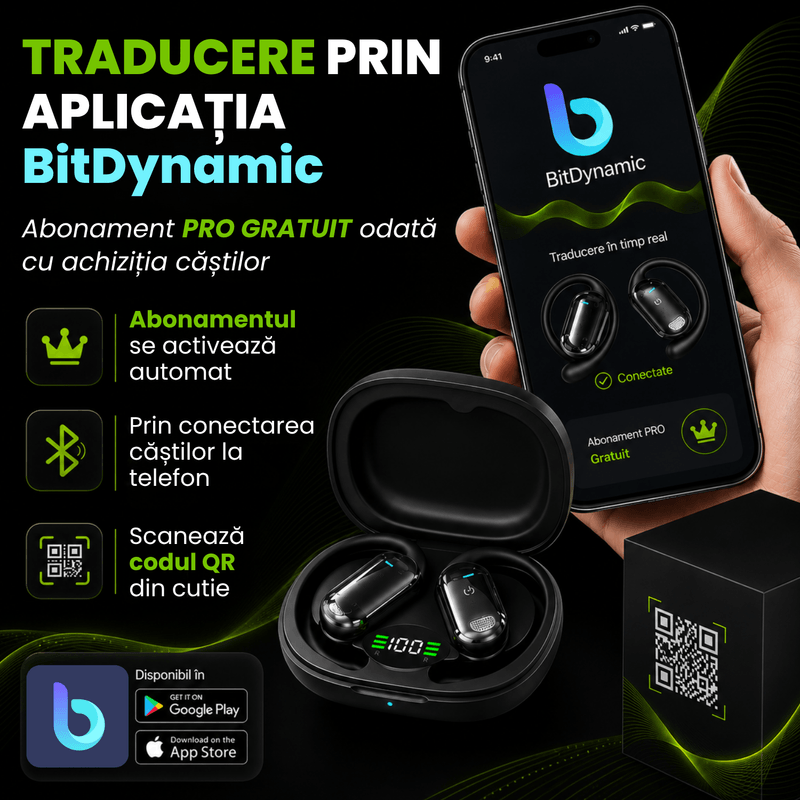 TV, Audio-Video si Foto - Portabile audio - Casti audio - Casti Wireless Open-Ear A ATAB cu Traducere AI in 144 Limbi, Bluetooth 5.3, Difuzoare 13 mm, IPX5, USB-C, Negru - Infinity.ro