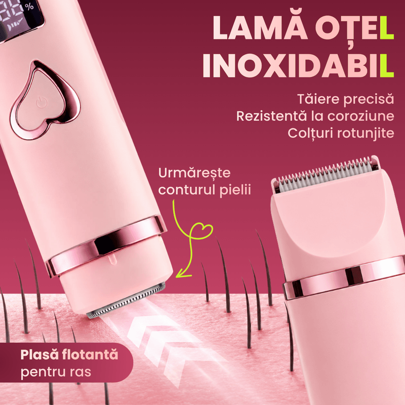 Ingrijire personala si Cosmetice - Aparate & accesorii ingrijire personala - Aparate de ras si tuns - Aparate de ras electrice - Aparat de ras si tuns 3 in 1 pentru femei ATAB, IPX7, cap-fata, trimmer corp, pieptene limitator, USB Type-C, Roz - Infinity.ro
