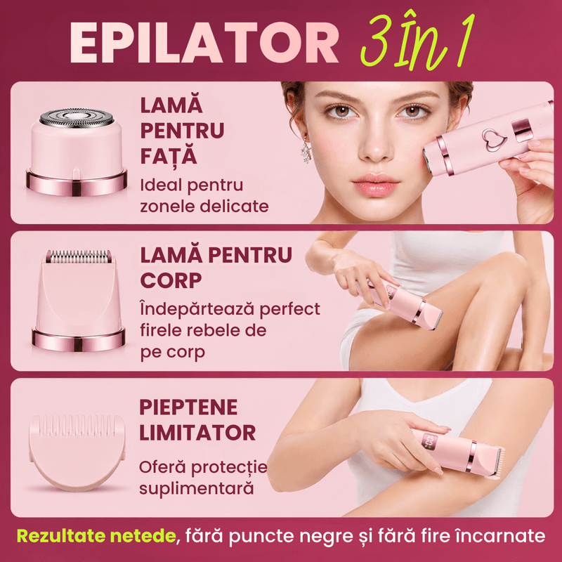 Ingrijire personala si Cosmetice - Aparate & accesorii ingrijire personala - Aparate de ras si tuns - Aparate de ras electrice - Aparat de ras si tuns 3 in 1 pentru femei ATAB, IPX7, cap-fata, trimmer corp, pieptene limitator, USB Type-C, Roz - Infinity.ro
