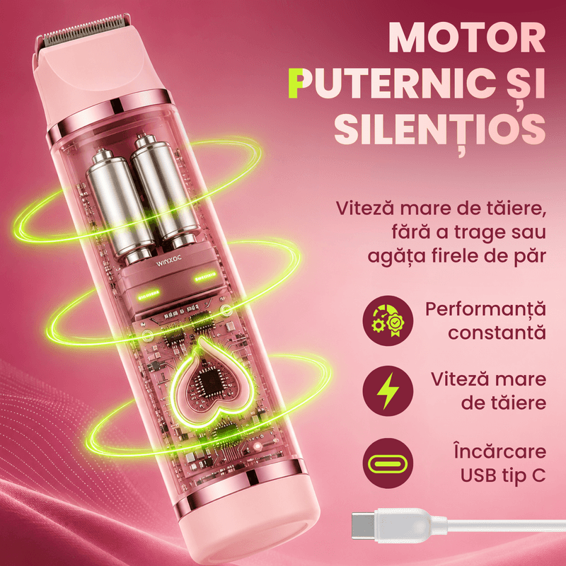 Ingrijire personala si Cosmetice - Aparate & accesorii ingrijire personala - Aparate de ras si tuns - Aparate de ras electrice - Aparat de ras si tuns 3 in 1 pentru femei ATAB, IPX7, cap-fata, trimmer corp, pieptene limitator, USB Type-C, Roz - Infinity.ro