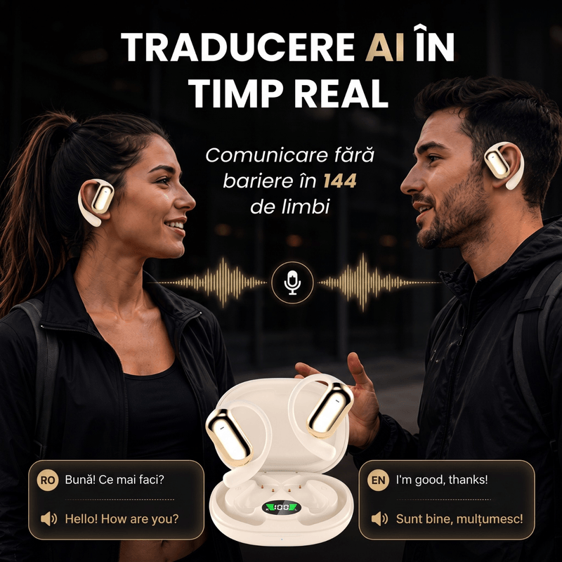 TV, Audio-Video si Foto - Portabile audio - Casti audio - Casti Wireless Open-Ear A ATAB cu Traducere AI in 144 Limbi, Bluetooth 5.3, IPX5, Control Tactil, USB-C, Khaki(Bej) - Infinity.ro