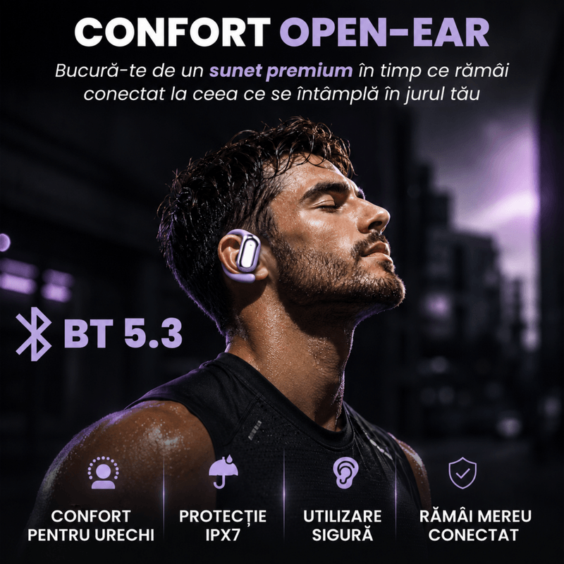 TV, Audio-Video si Foto - Portabile audio - Casti audio - Casti Wireless Open-Ear A ATAB cu Traducere AI in 144 Limbi, Bluetooth 5.3, IPX5, Control Tactil, USB-C, Purple(Mov) - Infinity.ro