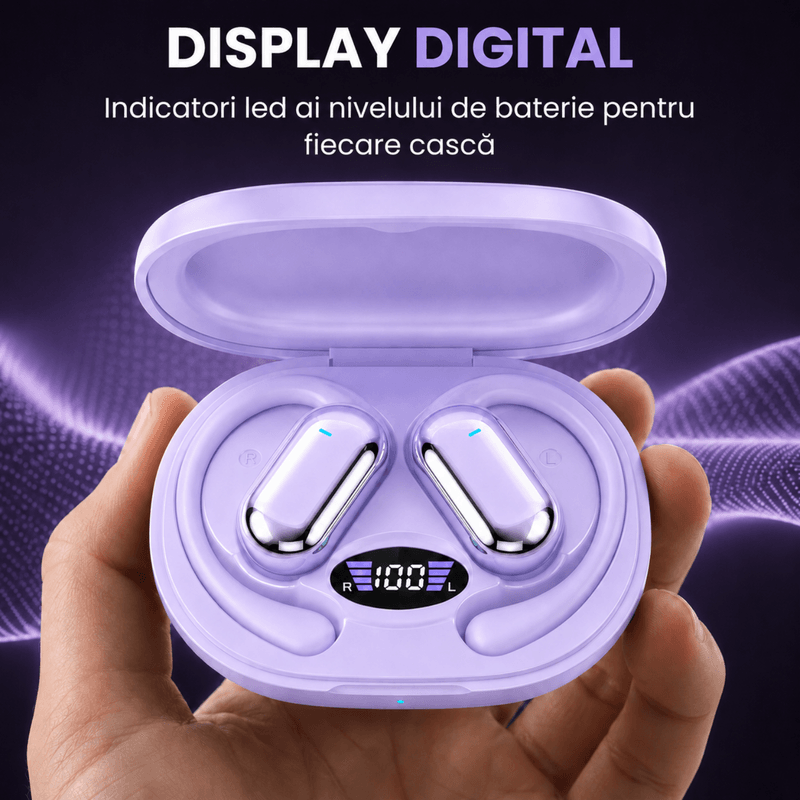 TV, Audio-Video si Foto - Portabile audio - Casti audio - Casti Wireless Open-Ear A ATAB cu Traducere AI in 144 Limbi, Bluetooth 5.3, IPX5, Control Tactil, USB-C, Purple(Mov) - Infinity.ro