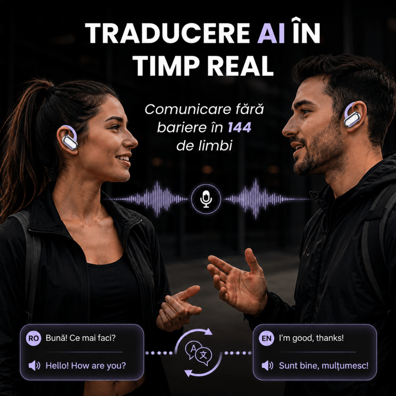 TV, Audio-Video si Foto - Portabile audio - Casti audio - Casti Wireless Open-Ear A ATAB cu Traducere AI in 144 Limbi, Bluetooth 5.3, IPX5, Control Tactil, USB-C, Purple(Mov) - Infinity.ro
