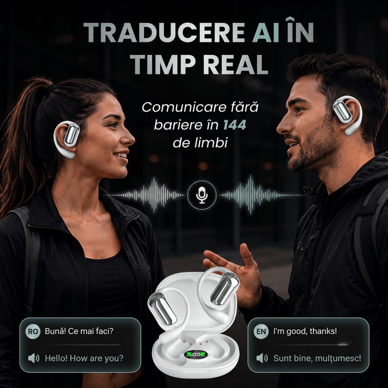 TV, Audio-Video si Foto - Portabile audio - Casti audio - Casti Wireless Open-Ear A ATAB cu Traducere AI in 144 Limbi, Bluetooth 5.3, IPX5, Control Tactil, USB-C, White - Infinity.ro