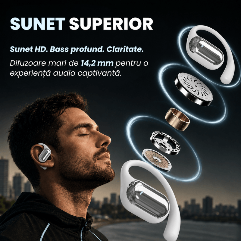 TV, Audio-Video si Foto - Portabile audio - Casti audio - Casti Wireless Open-Ear A ATAB cu Traducere AI in 144 Limbi, Bluetooth 5.3, IPX5, Control Tactil, USB-C, White - Infinity.ro