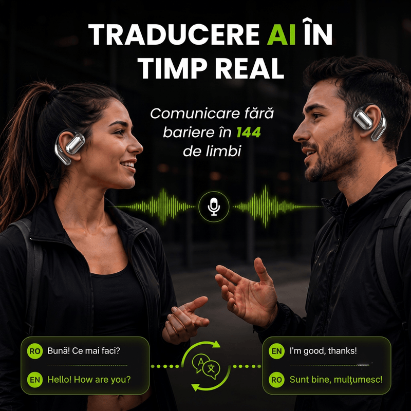 TV, Audio-Video si Foto - Portabile audio - Casti audio - Casti Wireless Open-Ear A ATAB cu Traducere AI in 144 Limbi, Bluetooth 5.3, IPX5, Control Tactil, USB-C, Negru&Gri - Infinity.ro