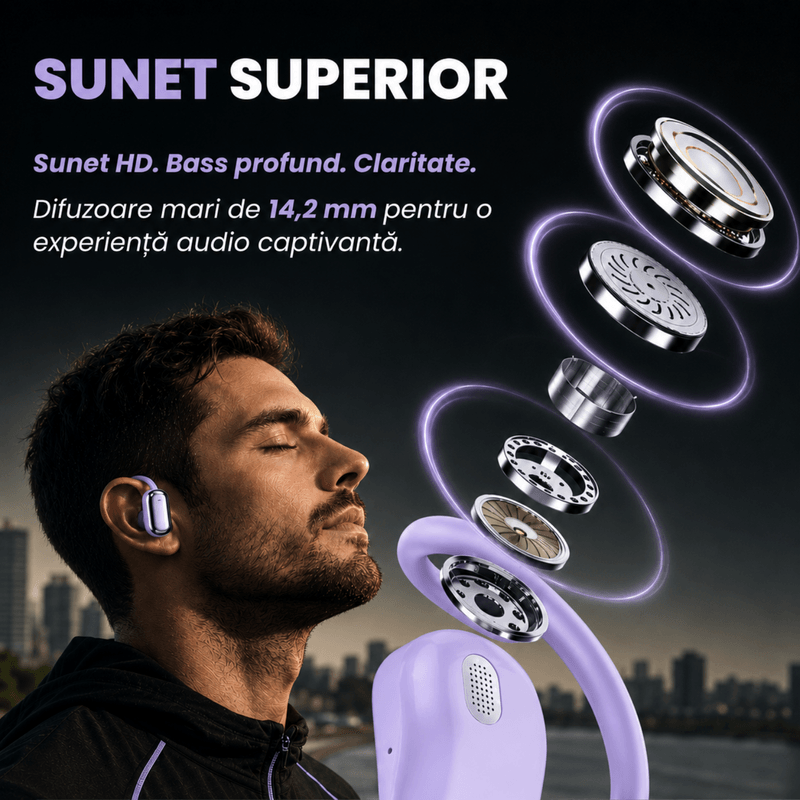 TV, Audio-Video si Foto - Portabile audio - Casti audio - Casti Wireless Open-Ear A ATAB cu Traducere AI in 144 Limbi, Bluetooth 5.3, IPX5, Control Tactil, USB-C, Purple(Mov) - Infinity.ro