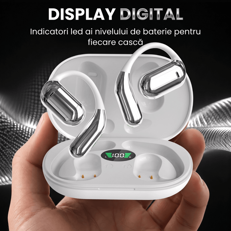 TV, Audio-Video si Foto - Portabile audio - Casti audio - Casti Wireless Open-Ear A ATAB cu Traducere AI in 144 Limbi, Bluetooth 5.3, IPX5, Control Tactil, USB-C, White&Grey - Infinity.ro