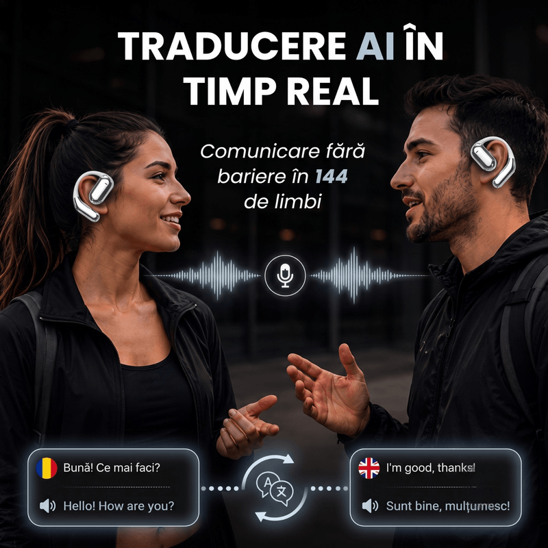 TV, Audio-Video si Foto - Portabile audio - Casti audio - Casti Wireless Open-Ear A ATAB cu Traducere AI in 144 Limbi, Bluetooth 5.3, IPX5, Control Tactil, USB-C, White&Grey - Infinity.ro