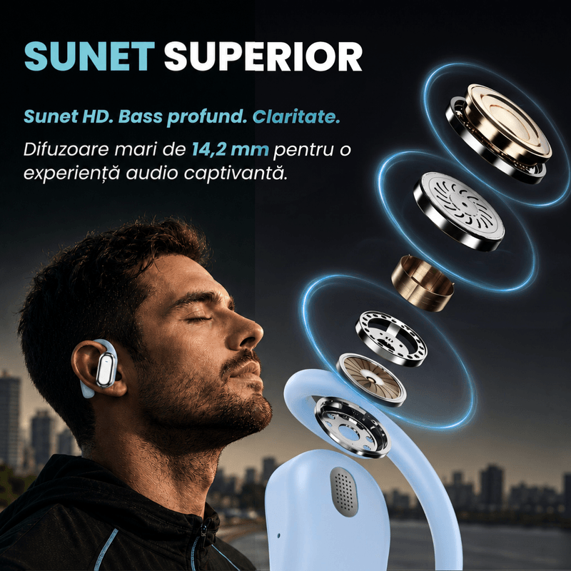 TV, Audio-Video si Foto - Portabile audio - Casti audio - Casti Wireless Open-Ear A ATAB cu Traducere AI in 144 Limbi, Bluetooth 5.3, IPX5, Control Tactil, USB-C, Blue(Albastru) - Infinity.ro