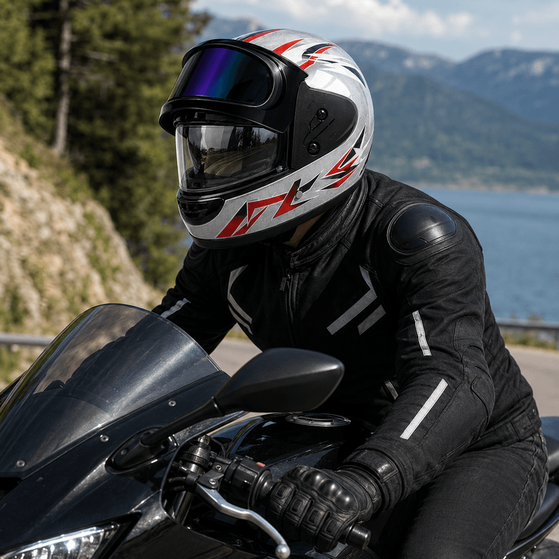 Auto si Moto - Moto - Echipamente protectie moto - Casti moto - Casca Moto/Scuter Full Face FIXATO, Viziera Dubla, Marime Universala 59-62cm, Gri cu Rosu - Infinity.ro