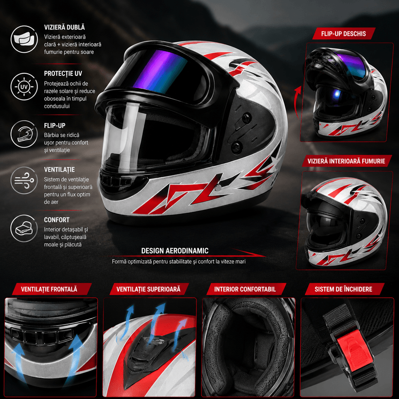 Auto si Moto - Moto - Echipamente protectie moto - Casti moto - Casca Moto/Scuter Full Face FIXATO, Viziera Dubla, Marime Universala 59-62cm, Gri cu Rosu - Infinity.ro