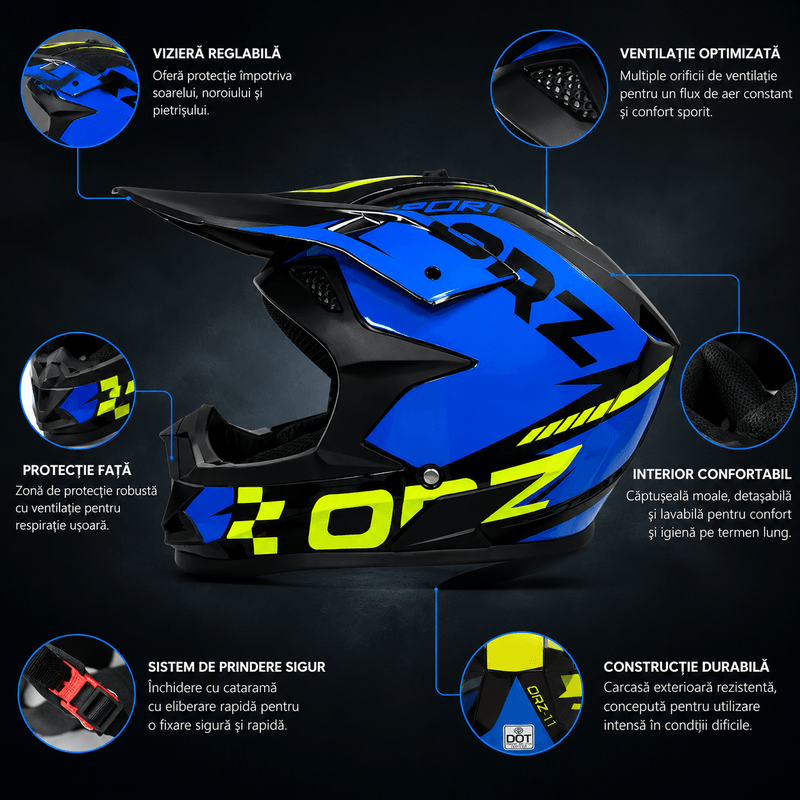 Auto si Moto - Moto - Echipamente protectie moto - Casti moto - Casca Moto/Enduro FIXATO, Interior Confortabil, Ventilatie Multipla, Albastru cu Verde, L 59-60cm - Infinity.ro