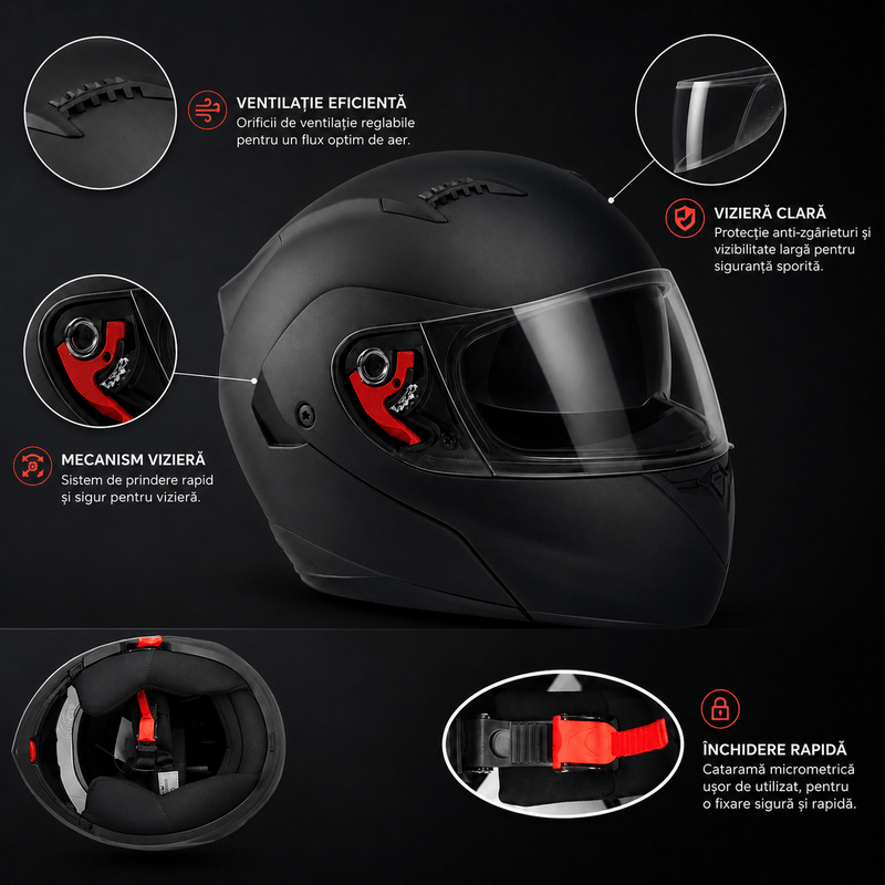 Auto si Moto - Moto - Echipamente protectie moto - Casti moto - Casca Moto/Scuter Flip-Up FIXATO, Viziera Dubla, Protectie UV, Negru, L 59-60cm - Infinity.ro