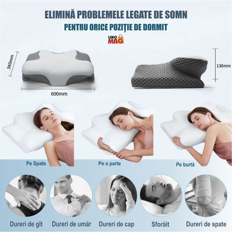 Casa si Gradina - Textile si covoare - Perne si pilote - Perne - Set 2 Perne Ortopedice Cervicale Linomag®, Spuma cu Memorie, Alb/Gri inchis, 34 x 60 x 13 cm - Infinity.ro