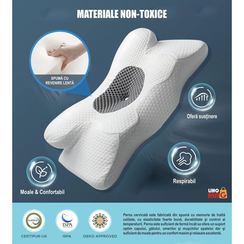 Casa si Gradina - Textile si covoare - Perne si pilote - Perne - Set 2 Perne Ortopedice Cervicale Linomag®, Spuma cu Memorie, Alb/Gri inchis, 34 x 60 x 13 cm - Infinity.ro