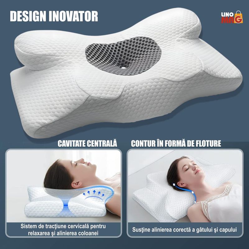 Casa si Gradina - Textile si covoare - Perne si pilote - Perne - Set 2 Perne Ortopedice Cervicale Linomag®, Spuma cu Memorie, Alb/Gri inchis, 34 x 60 x 13 cm - Infinity.ro