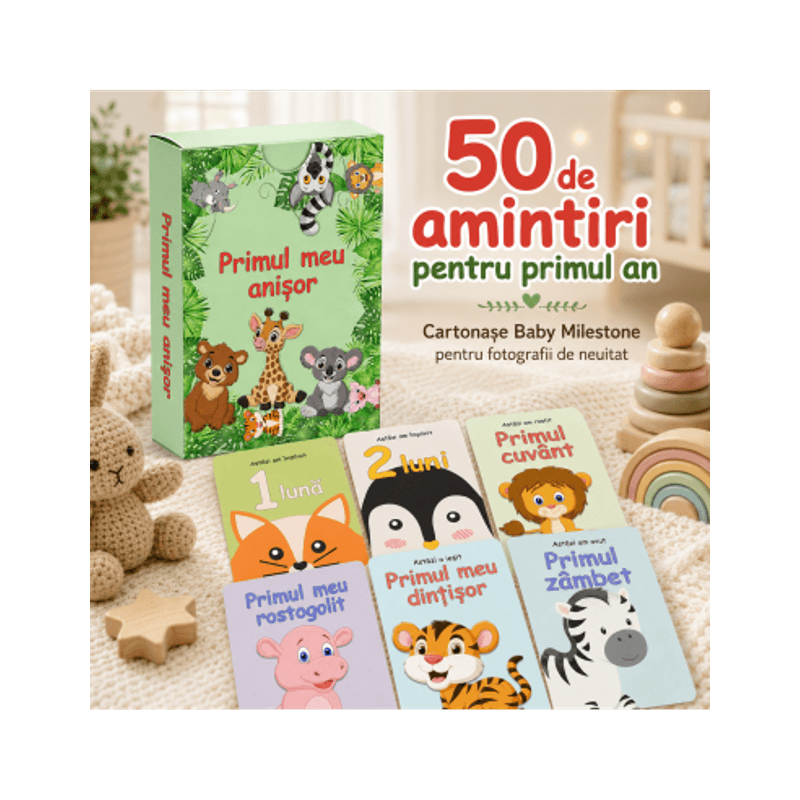 Jucarii, Copii si Bebe - Jucarii si jocuri - Jocuri si puzzle - Jocuri de societate - Set 50 cartonase pentru nou-nascut "Primul meu anisor", 10x6cm, Baby Milestone - Infinity.ro