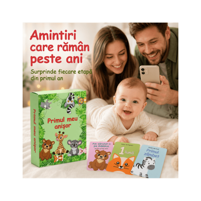 Jucarii, Copii si Bebe - Jucarii si jocuri - Jocuri si puzzle - Jocuri de societate - Set 50 cartonase pentru nou-nascut "Primul meu anisor", 10x6cm, Baby Milestone - Infinity.ro