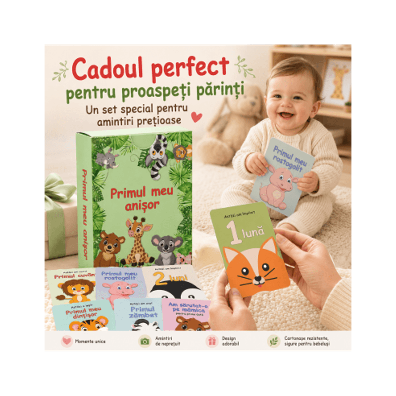 Jucarii, Copii si Bebe - Jucarii si jocuri - Jocuri si puzzle - Jocuri de societate - Set 50 cartonase pentru nou-nascut "Primul meu anisor", 10x6cm, Baby Milestone - Infinity.ro