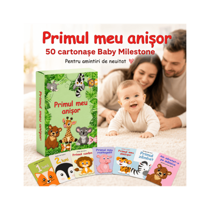 Jucarii, Copii si Bebe - Jucarii si jocuri - Jocuri si puzzle - Jocuri de societate - Set 50 cartonase pentru nou-nascut "Primul meu anisor", 10x6cm, Baby Milestone - Infinity.ro