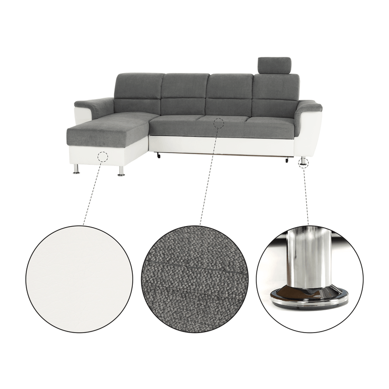 Casa si Gradina - Mobilier - Canapele si coltare - Coltare - Coltar mic, piele ecologica alb/material textil gri, model stanga, SANTIAGO - Infinity.ro