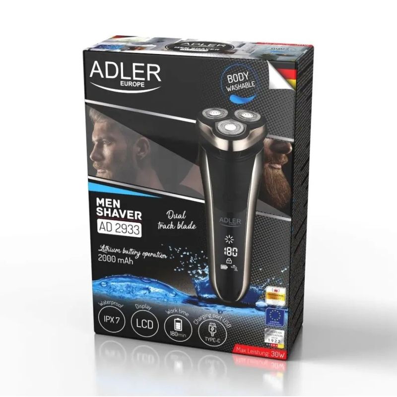 Ingrijire personala si Cosmetice - Aparate & accesorii ingrijire personala - Aparate de ras si tuns - Aparate de ras electrice - Aparat de ras electric Adler AD 2933, Autonomie 180 minute, Afisaj LCD, Negru - Infinity.ro