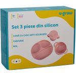 Jucarii, Copii si Bebe - Hrana si alaptare - Biberoane, suzete si accesorii hranire - Articole hranire bebelusi - Set diversificare 3 piese din silicon pentru bebelusi U-Grow, contine 3 bol, farfurie si cana cu cioc, roz - Infinity.ro