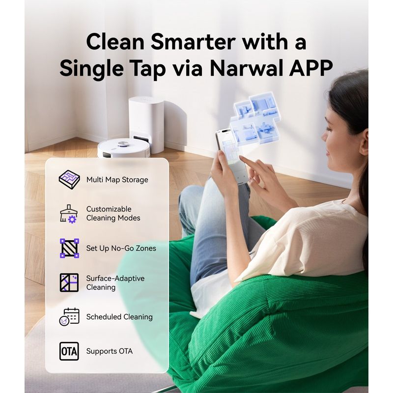Electronice si Electrocasnice - Ingrijirea locuintei - Aspiratoare - Robot de aspirare Narwal Freo S CP-ZD-A00198-00-00, 8000 Pa, baterie 3200mAh, Narwal APP Freo Advice, Alb - Infinity.ro